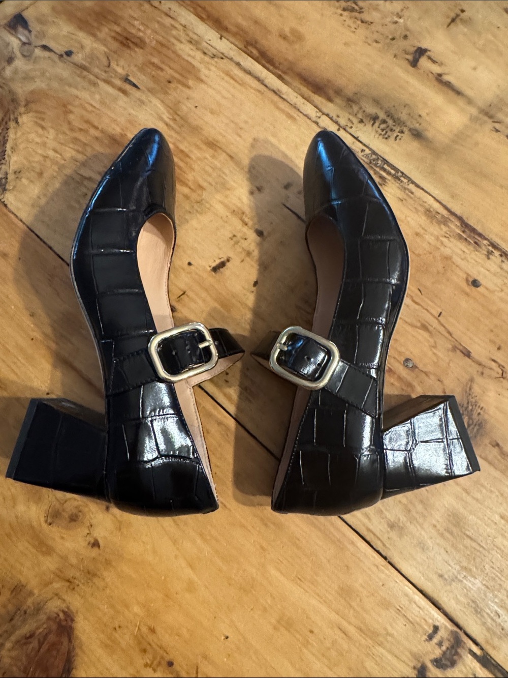 J.Crew Black Croc Embossed Leather Mary Jane Block Heel Pumps Size 7 - Picture 5 of 9
